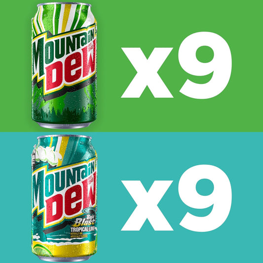 Mountain Dew Soda, 2 Flavor Baja Blast Variety Pack (Baja Blast, Original Dew), 12 Fl Oz Cans (Pack of 18)